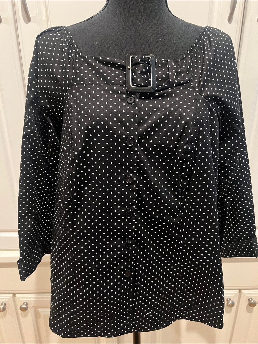 Lane Bryant Black Polka Dot Button-Front Top with Buckle Detail